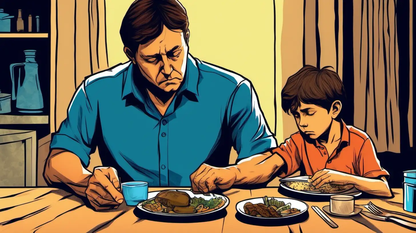 illustrate A ten years old brown hair  blue shirt sad boy sitting dinner table and his father holding him . nighther