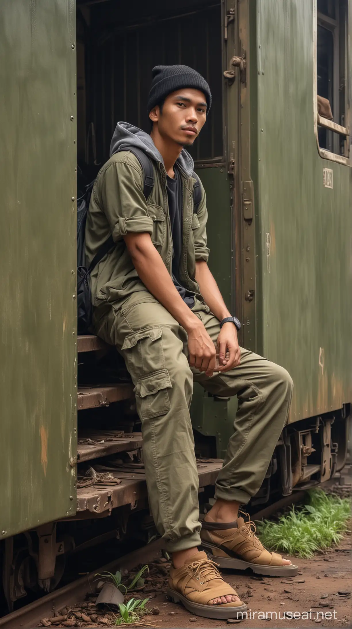 Make a very realistic picture of a young handsome indonesian man wearing black beanie, casual clothes, khaki cargo pants, sandals, sitting at the door of a stopped train carriage, the train carriage is damaged and dusty and overgrown with bushes and moss, train station background old unused in the rainforest, cloudy weather