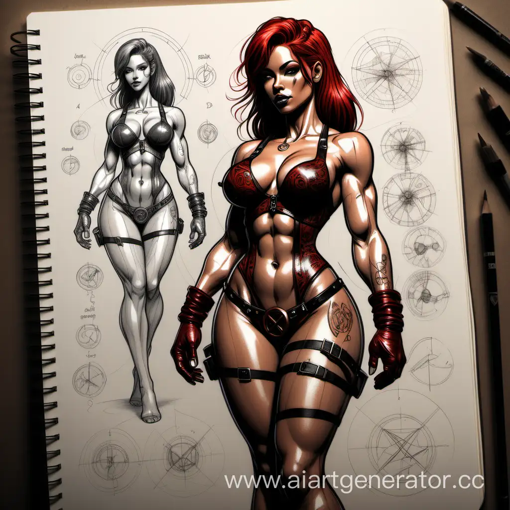 Sketchbook Style, Sketch book, hand drawn, dark, gritty, realistic sketch, Rough sketch, mix of bold dark lines and loose lines, bold lines, on paper, turnaround character sheet, a stunningly beautiful Amazon bodybuilder Woman, slim body, leather and lace corset, brown red floating hair, bangs, Full body, arcane symbols, runes, dark theme, Perfect composition golden ratio, masterpiece, best quality, 4k, sharp focus. Better hand, perfect anatomy. In forest