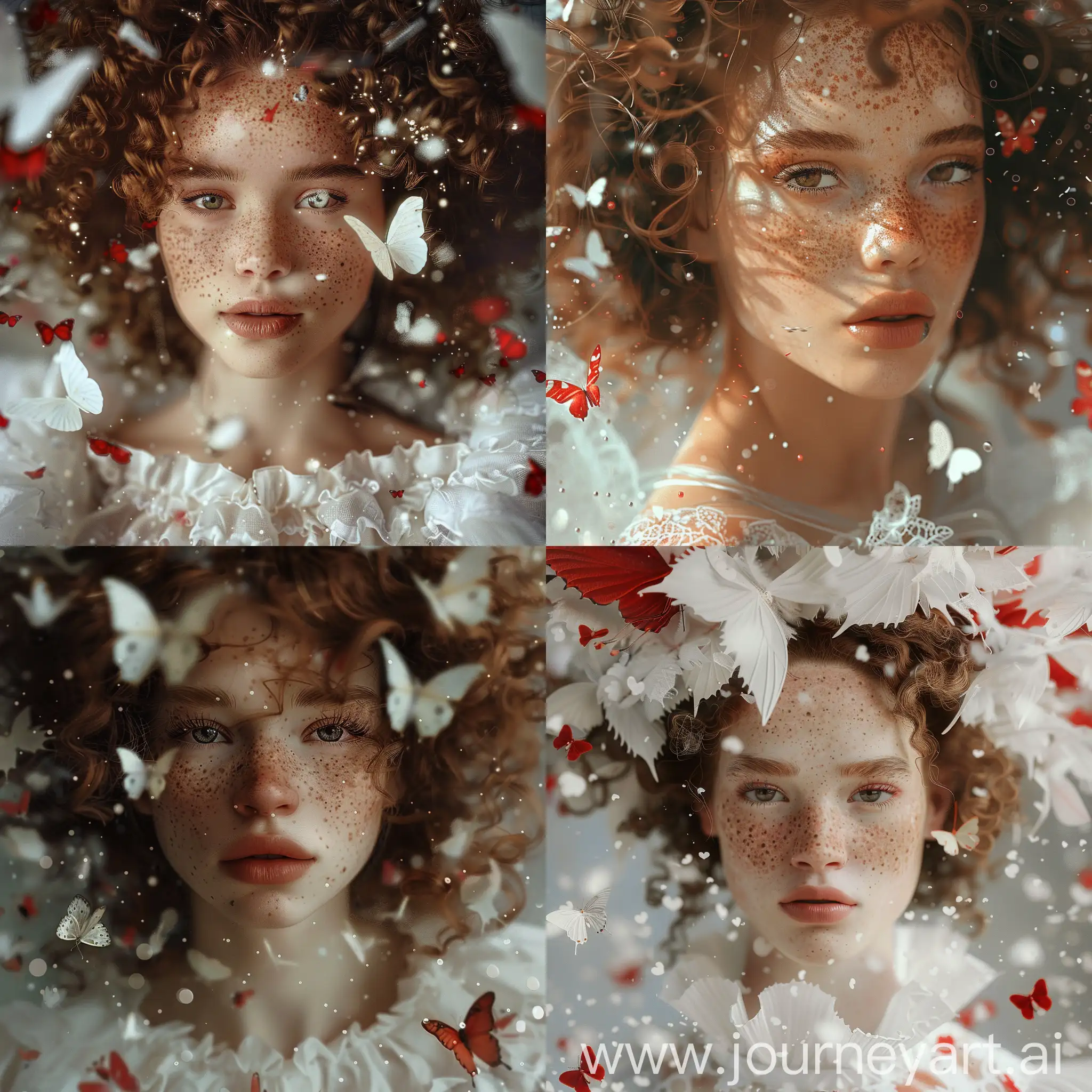 medium shot a cute girl with freckles and curls, particles, butterflies, ultra realistic, bohemian fashion, high detail, sharp focus, white and red
