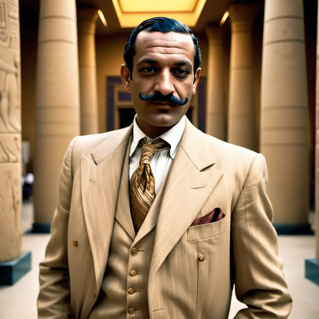 Full colour image. A well fed Egyptian man dressed in an expensive english style suit of the 1920s. His centre parted hair is slick with oil and he has a pencil moustache. He has a friendly face.The background is the lobby of an Egyptology museum.