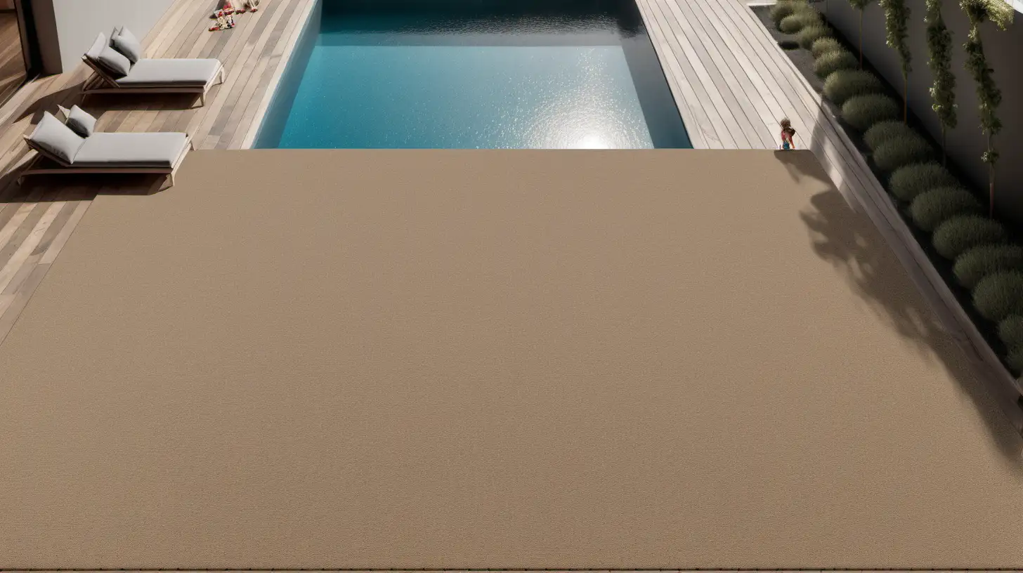 terrasse et piscine habitat été lumière avec revêtement de sols granulats très fins marron sable points noir moquette de pierre avec enfants