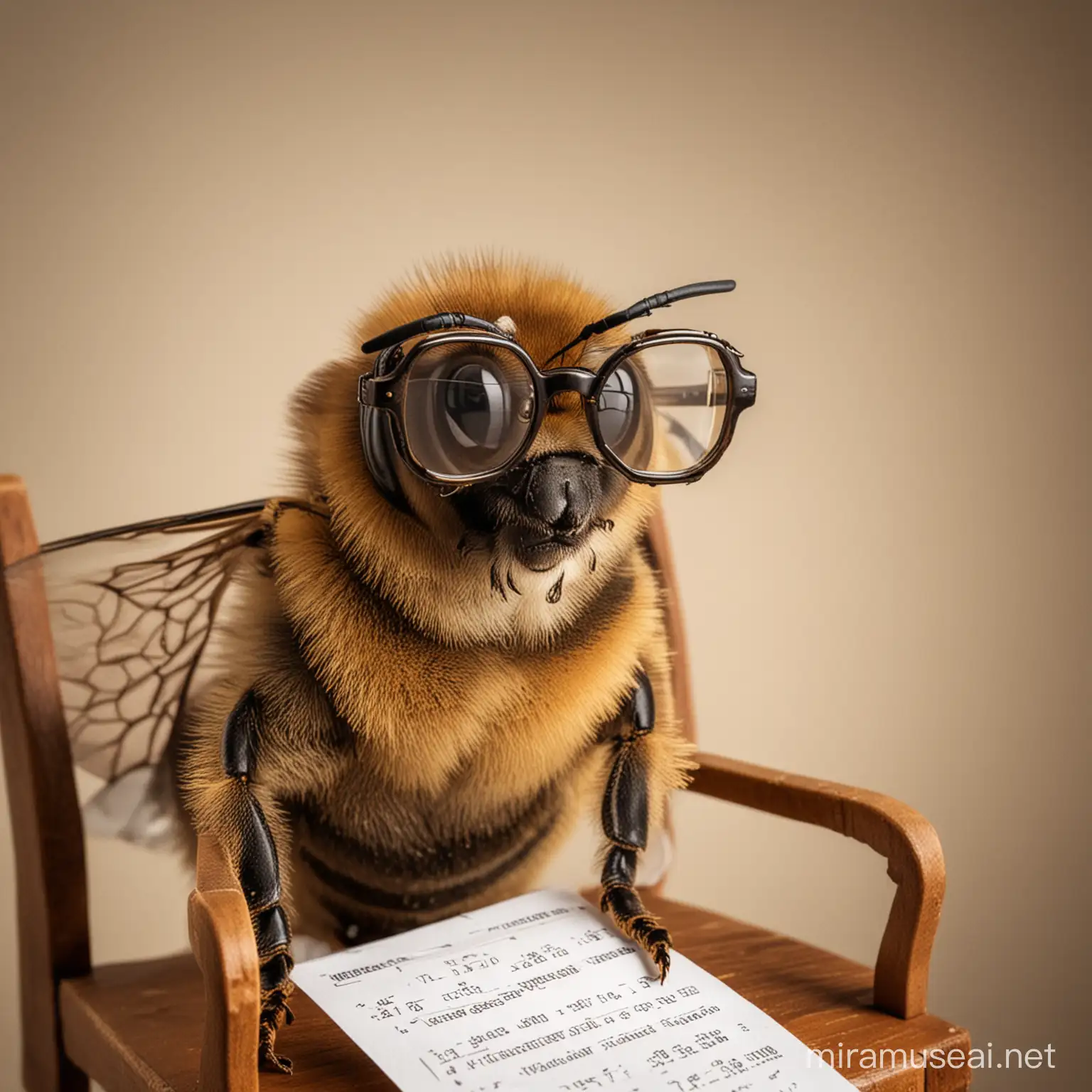 An honeybee wearing glasses. Sitting on a chair doing some statistical analysis. 