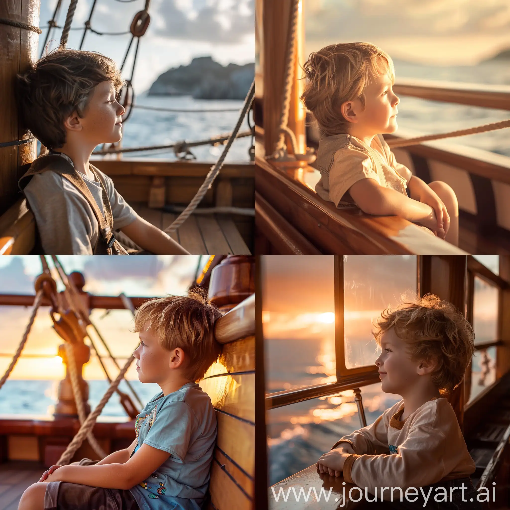 A cute boy sitting in the ship and enjoying the views of sea