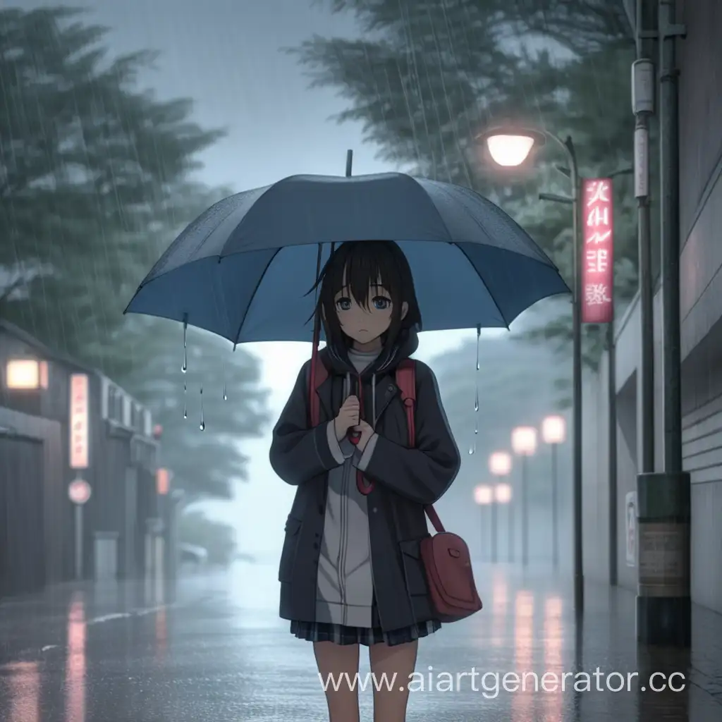 Anime girl with umbrella in the rain depressing