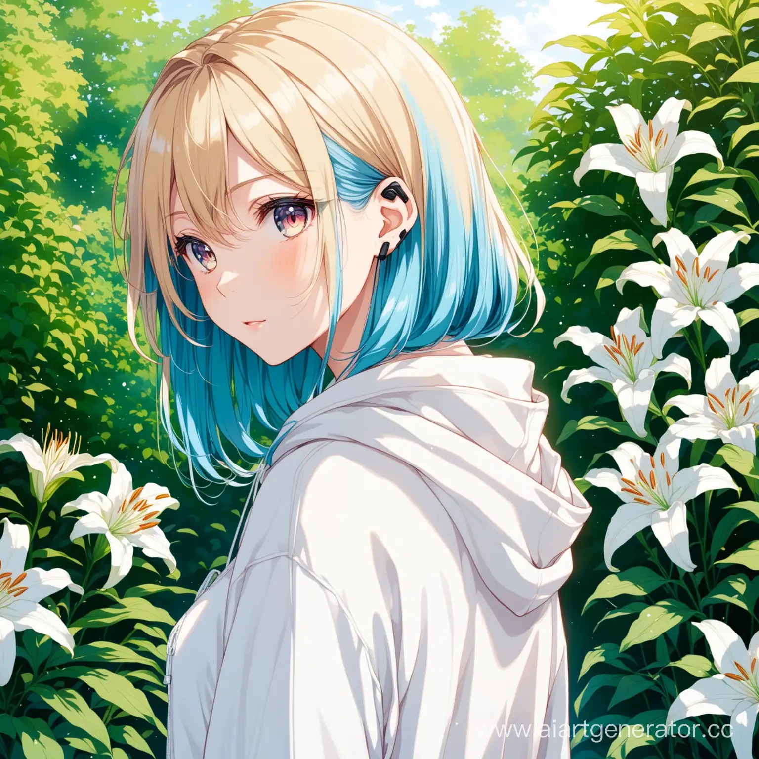 Anime-Girl-with-Ashy-Blond-Hair-and-Reddish-Eyes-in-White-Hoodie-Among-Garden-Lilies