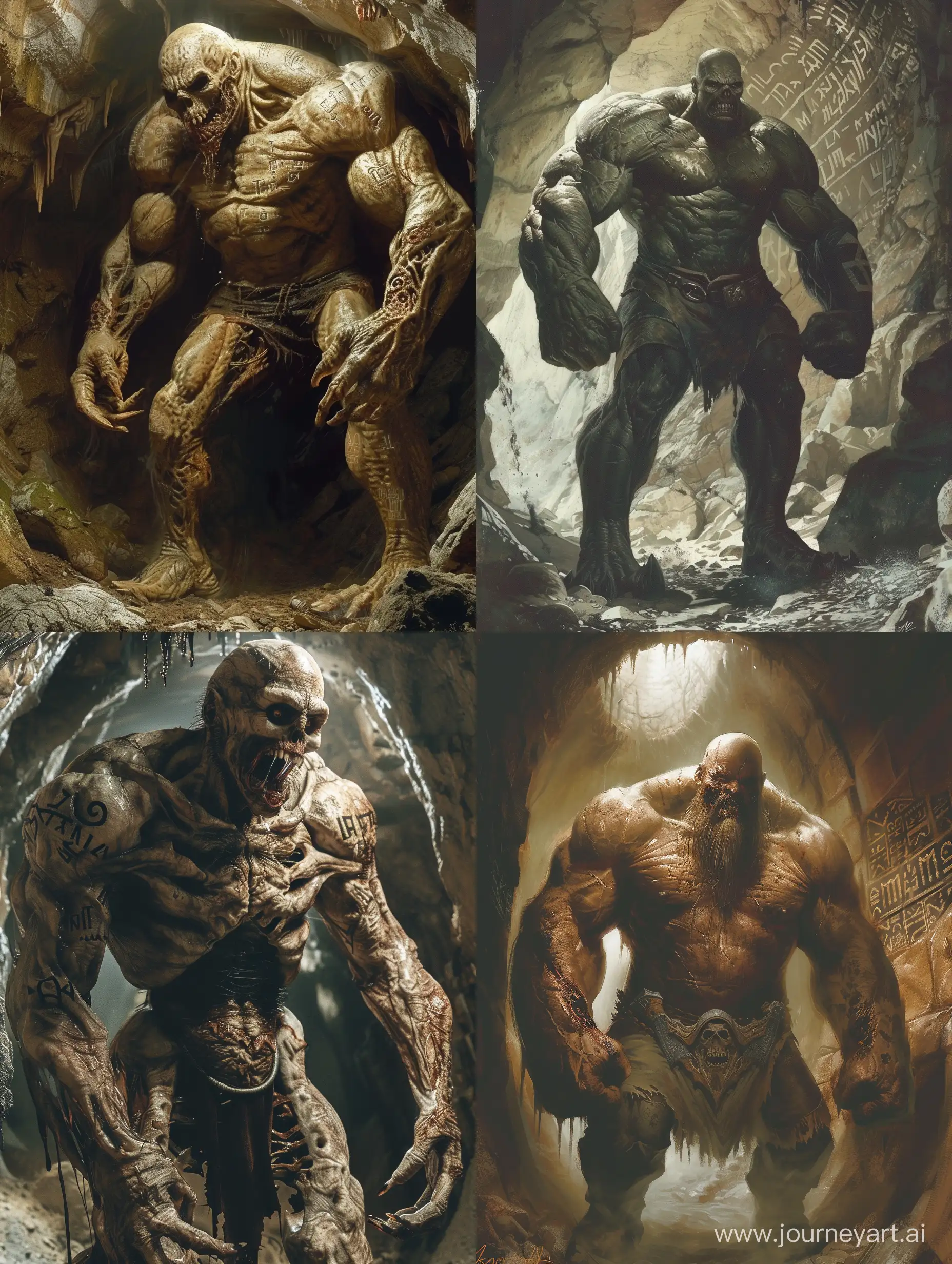 Б Big muscular zombie with big arms in full,,in a cave-like place underground,runic script,incredible detail,terrifying.