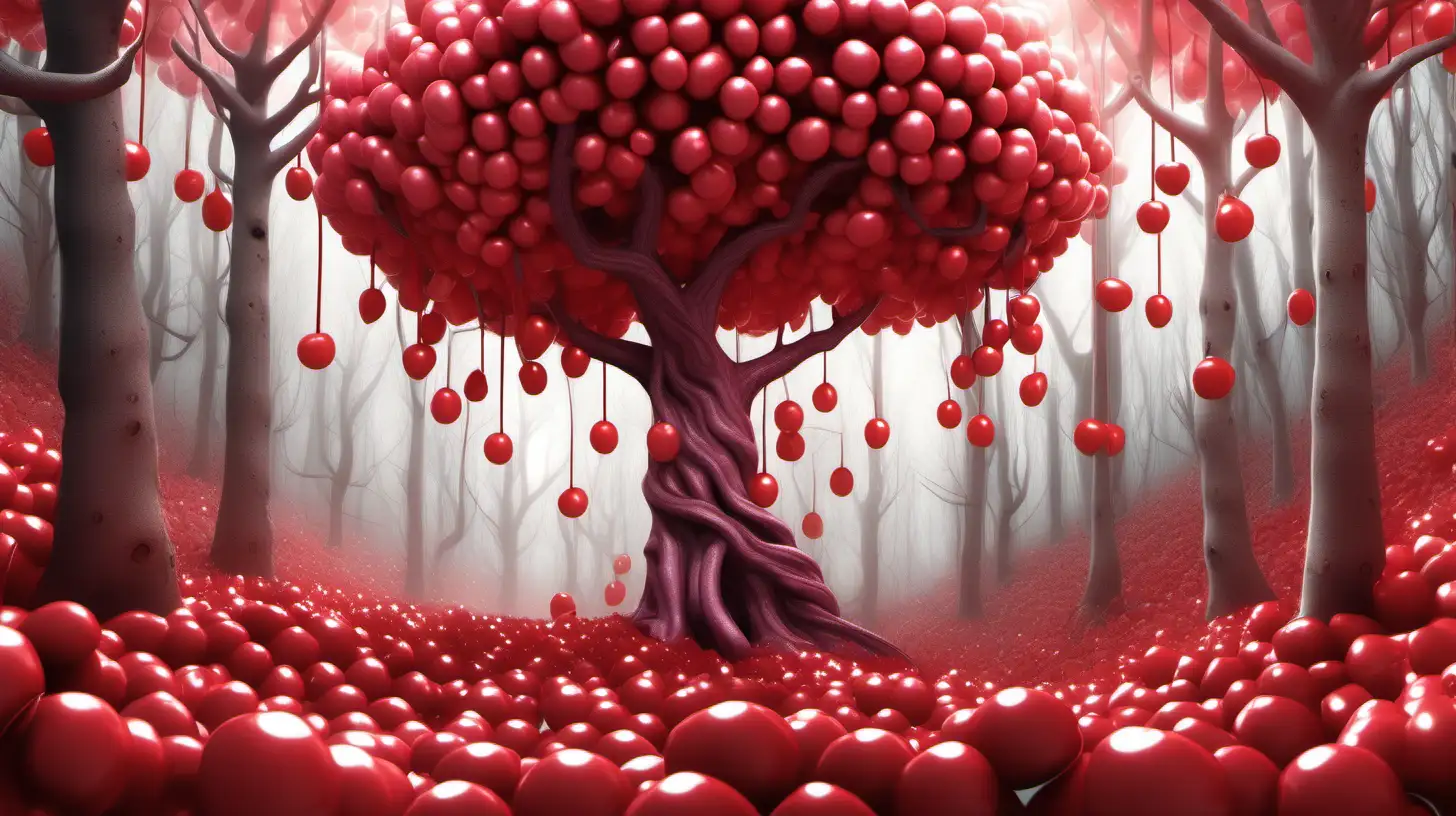 illustrate a tree whose fruits are red candys, in the magical forest