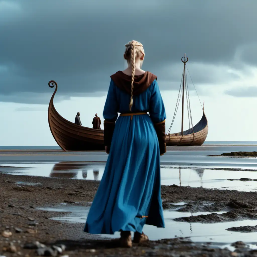 Cinematic picture of a viking woman on the beach of the Holy Island. She is dressed in a blue dress. A man dressed as a monk stands next to her. They are watching a viking ship approaching from the sea. The ship is at the horizon. 