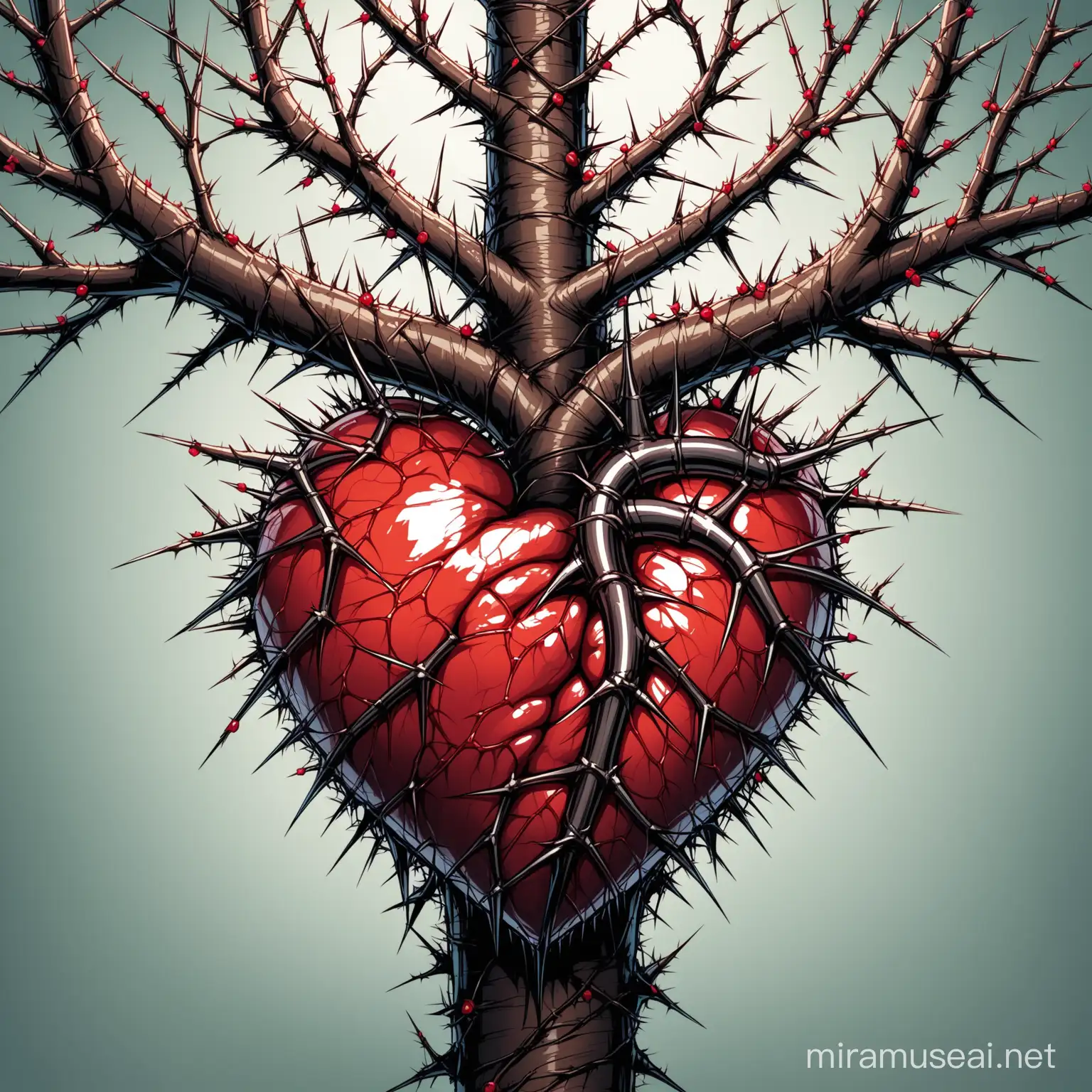 generate a human heart, with thorns coming out of it, hanging on a tree branch

