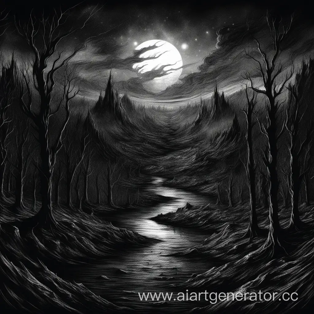 обложка музыкального альбома в стиле black metal, на котором изображен пейзаж, мрачно, тоска, ночь