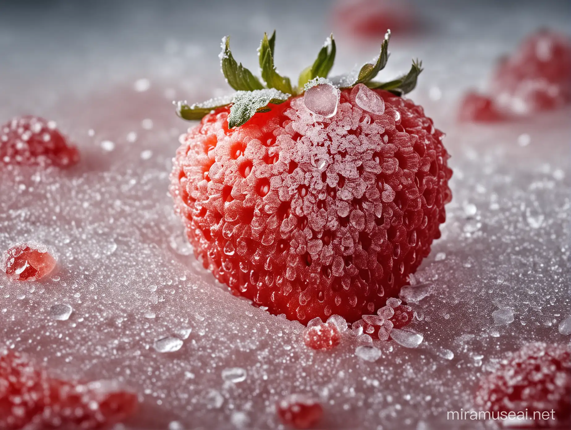 color photo of a frozen strawberry, captured in all its icy glory. The strawberry is encased in a delicate layer of frost, giving it a mesmerizing and ethereal appearance. The vibrant red hue of the strawberry contrasts beautifully with the glistening ice, creating a visually striking composition. The frozen texture adds a unique dimension to the strawberry's usual juiciness, transforming it into a captivating frozen treat. This photo captures the essence of freshness and indulgence, inviting viewers to appreciate the beauty of nature's bounty. It serves as a mouthwatering reminder of the sweet and refreshing flavors that can be enjoyed from a frozen strawberry, a delightful treat that delights the senses and brings a burst of flavor to any occasion.