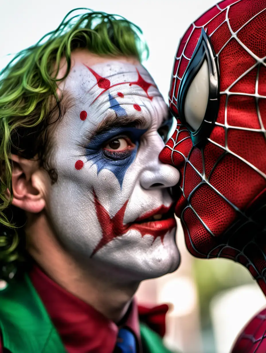 Intense Joker Kisses Spiderman in Closeup Encounter