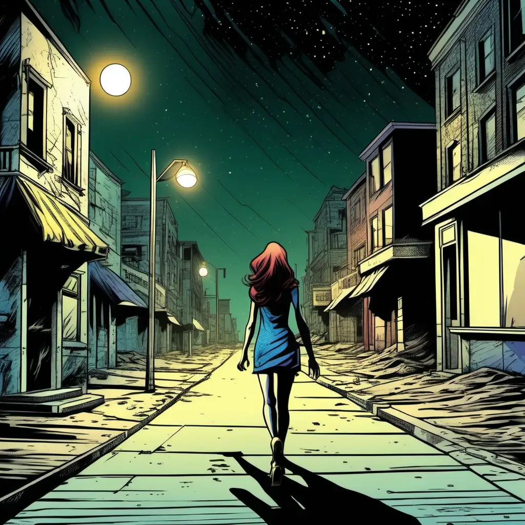 young woman walking down a deserted street at night
comic book style
