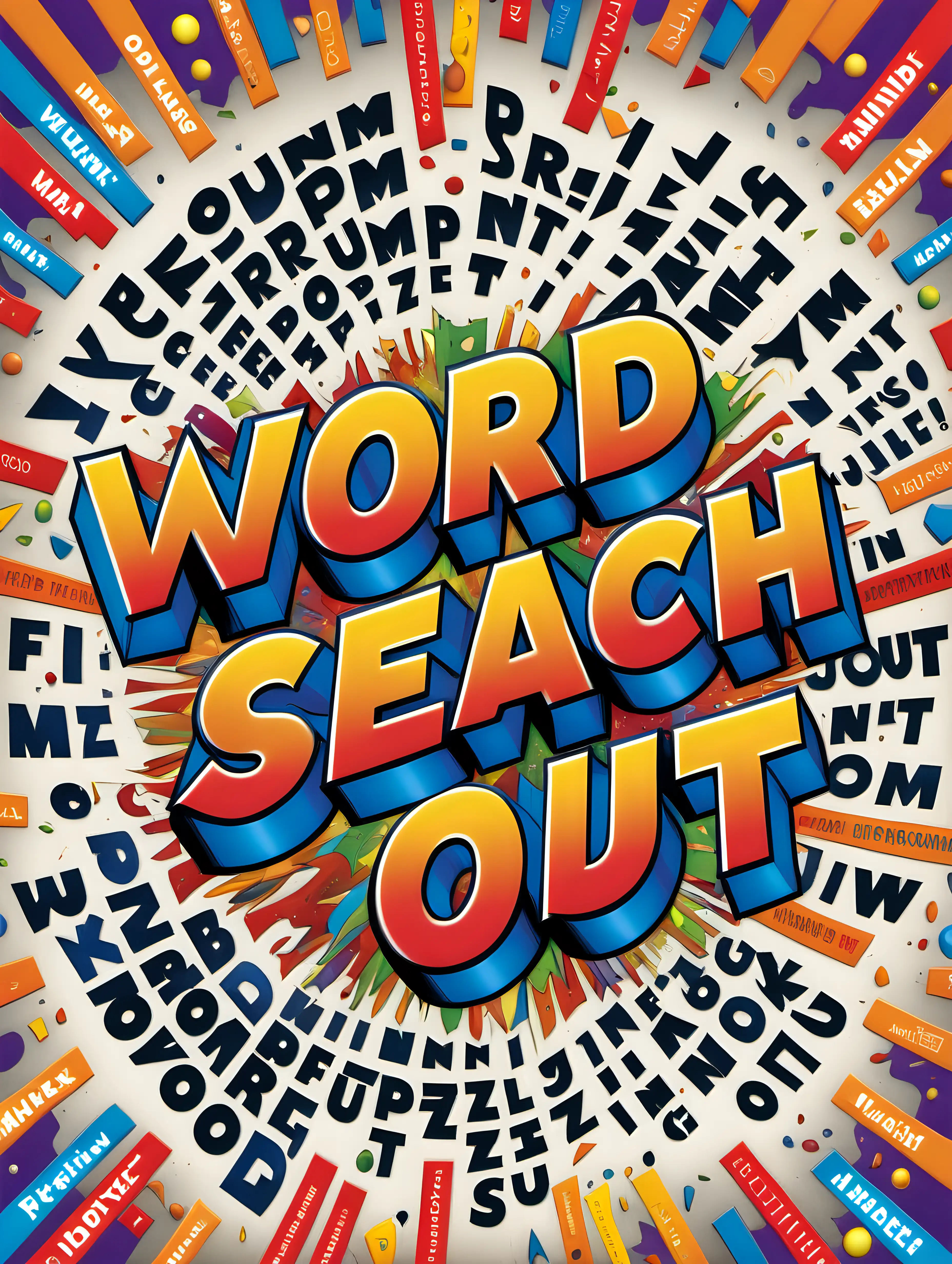 A dynamic composition featuring a jumble of letters exploding outward from the center of the cover, with words from the title "Word Search Puzzle Book" jumping out in bold, colorful text, creating a sense of energy and excitement around the puzzle-solving experience.