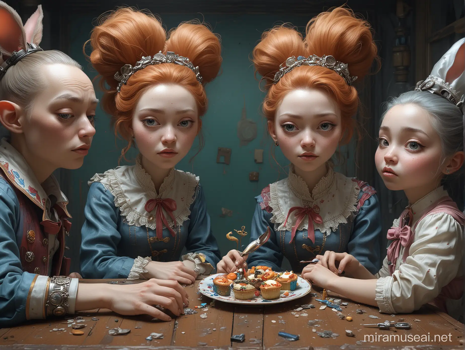 painting of people sitting at a table, magical realism bizarre art, surreal tea party, heather theurer, michael cheval (unreal engine, todd schorr highly detailed, todd schorr, jean-sebastien rossbach, dramatic artwork, highly detailed surrealist art, neo rococo expressionist, concept by stanley krubick dr strangelovenstyle and sargey kolesov and ruan jia and heng z, sci fi, graffiti, hyper detailed, octane render, eyes closed, hyper realism, highly detailed, marc ryden, surrealistic, bizarre, weird faces, alice and wonderland concept