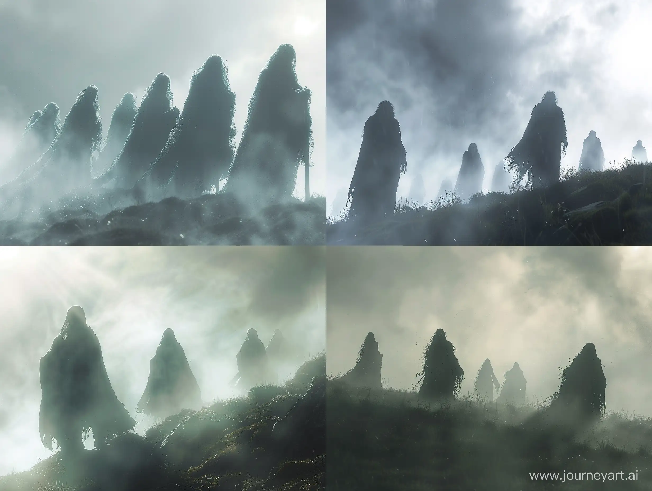 Lord of the Rings Wraiths emerging from the fog photonegative refractograph silouhette backlit in the atmospherics gradient value extrusion and displacement specular breakup and contrast heavy ambient occlusion overlay parallax depth gradient value extrusion and displacement specular breakup and contrast heavy ambient occlusion overlay parallax depth rim lighting cinematic lighting caustics color pops moody lighting and backlit heavy atmospherics contrasty shadow and light severe weather oscar winning visual fx imax quality visuals ilm weta digital uhd multisample antialiasing subtle color ar weird Image