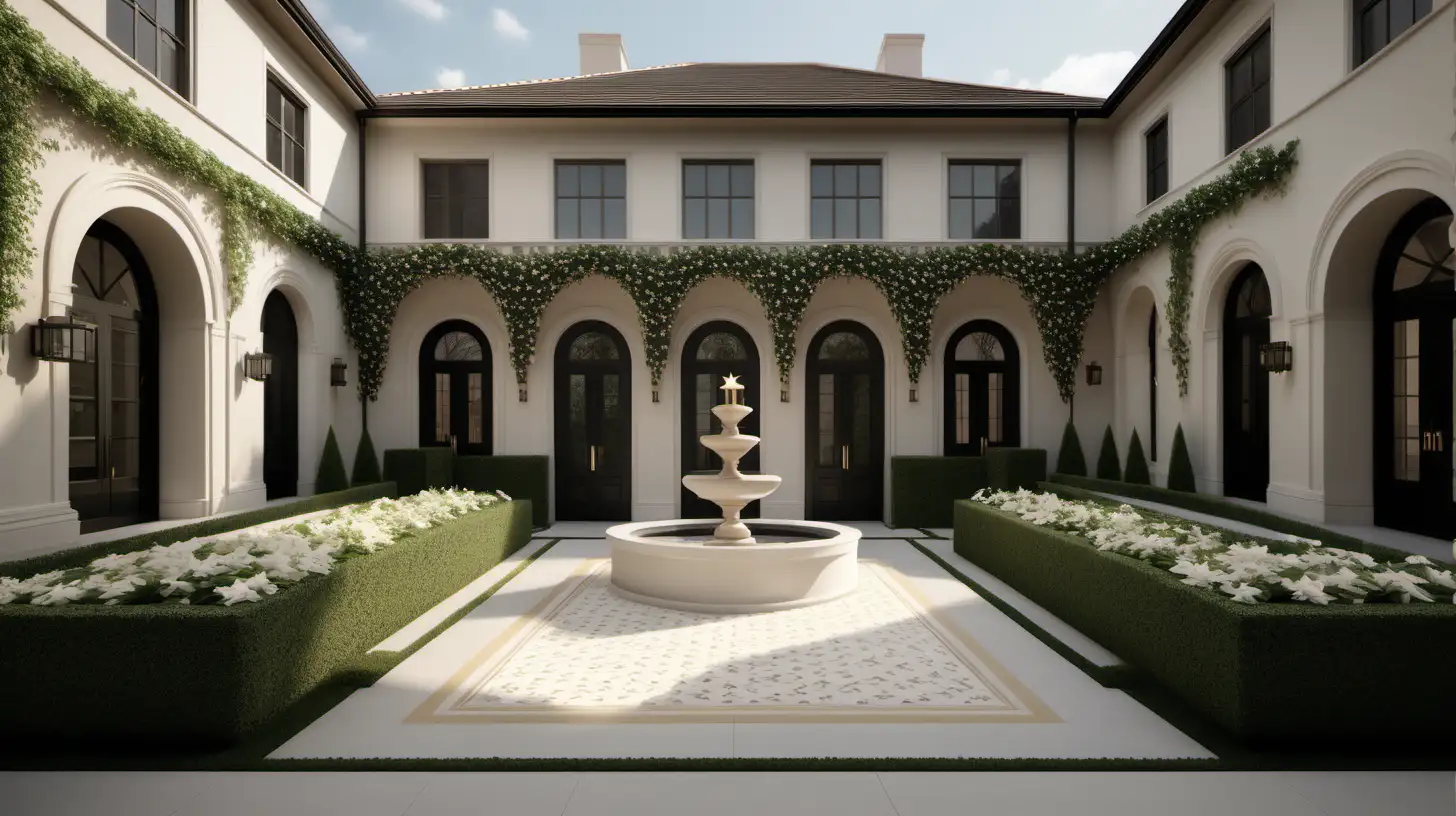 grand Modern Hausmann estate home courtyard in beige, ivory and limestone with diamond patterned espalier creeping star jasmine; Realistic 8k; 