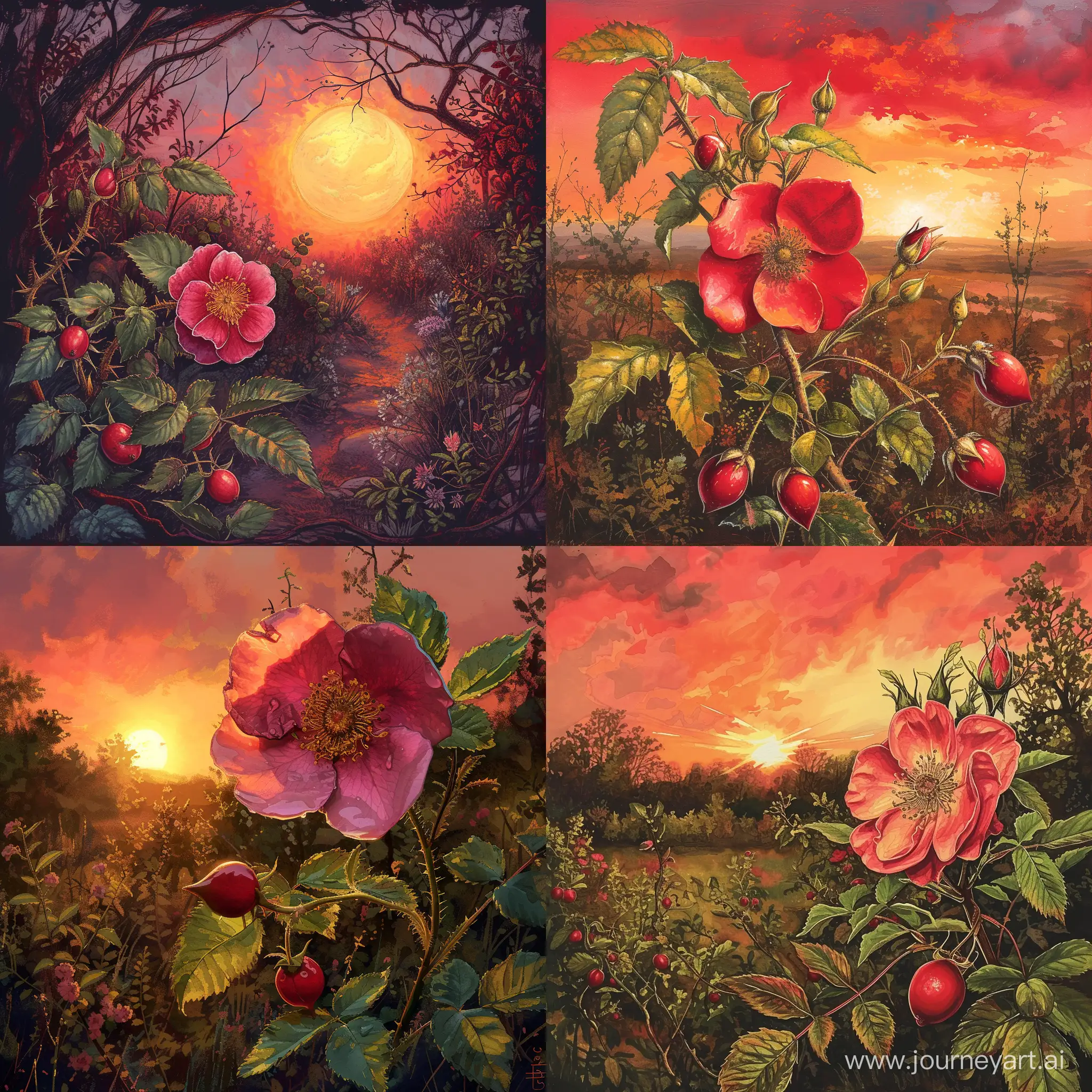 Enchanting-Rosehip-Garden-at-Crimson-Sunset-Stunning-Illustration