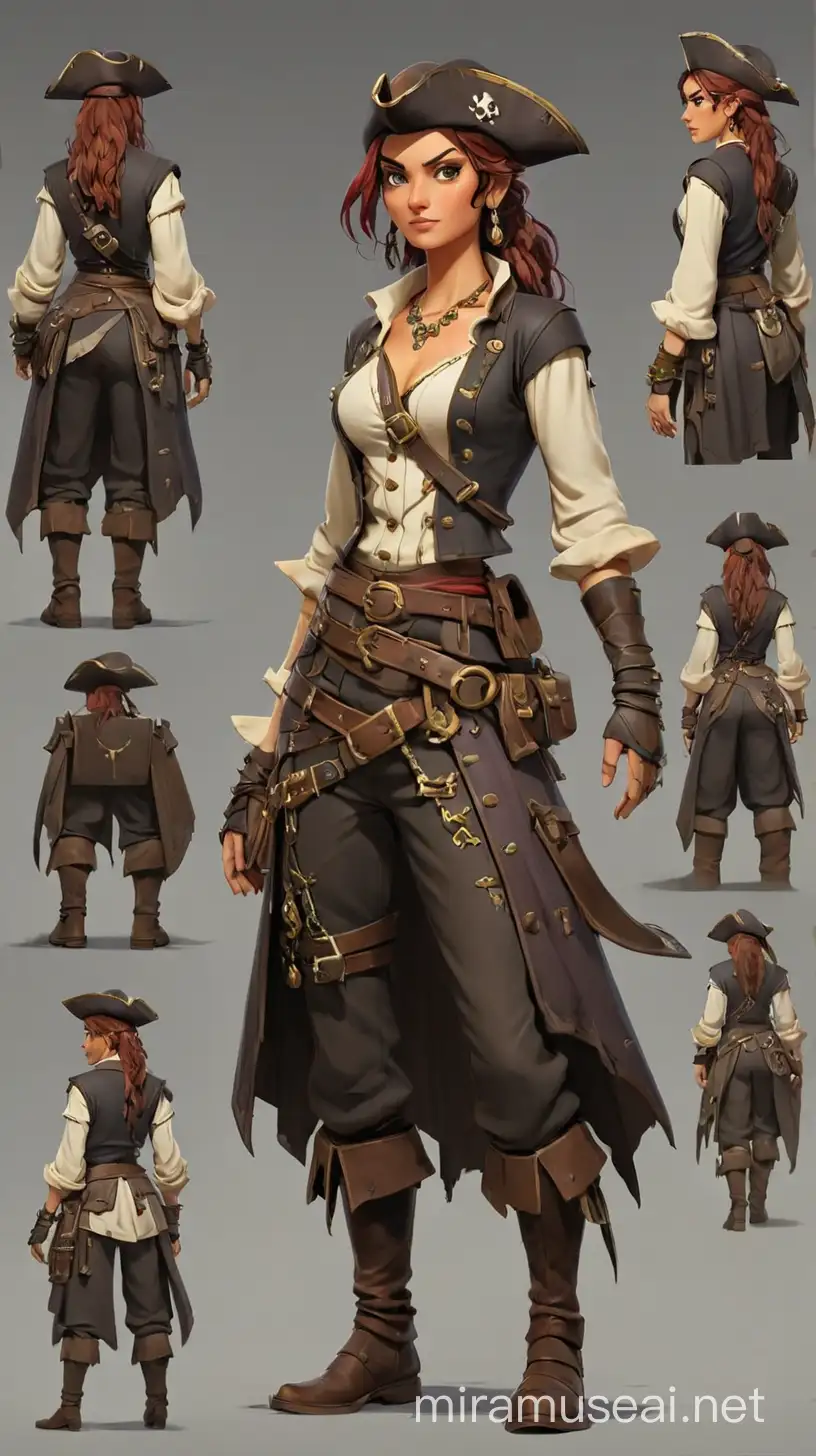 2d Concept art, pre-industrial era pirate, stylized female, character sheet, costume design, front view, back view