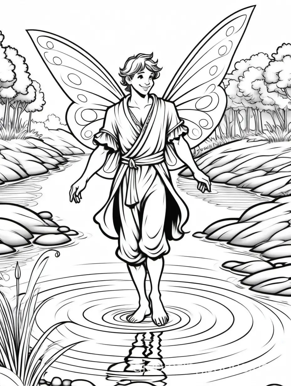 Happy-Male-Fairy-Walking-on-Water-at-the-River-Coloring-Page