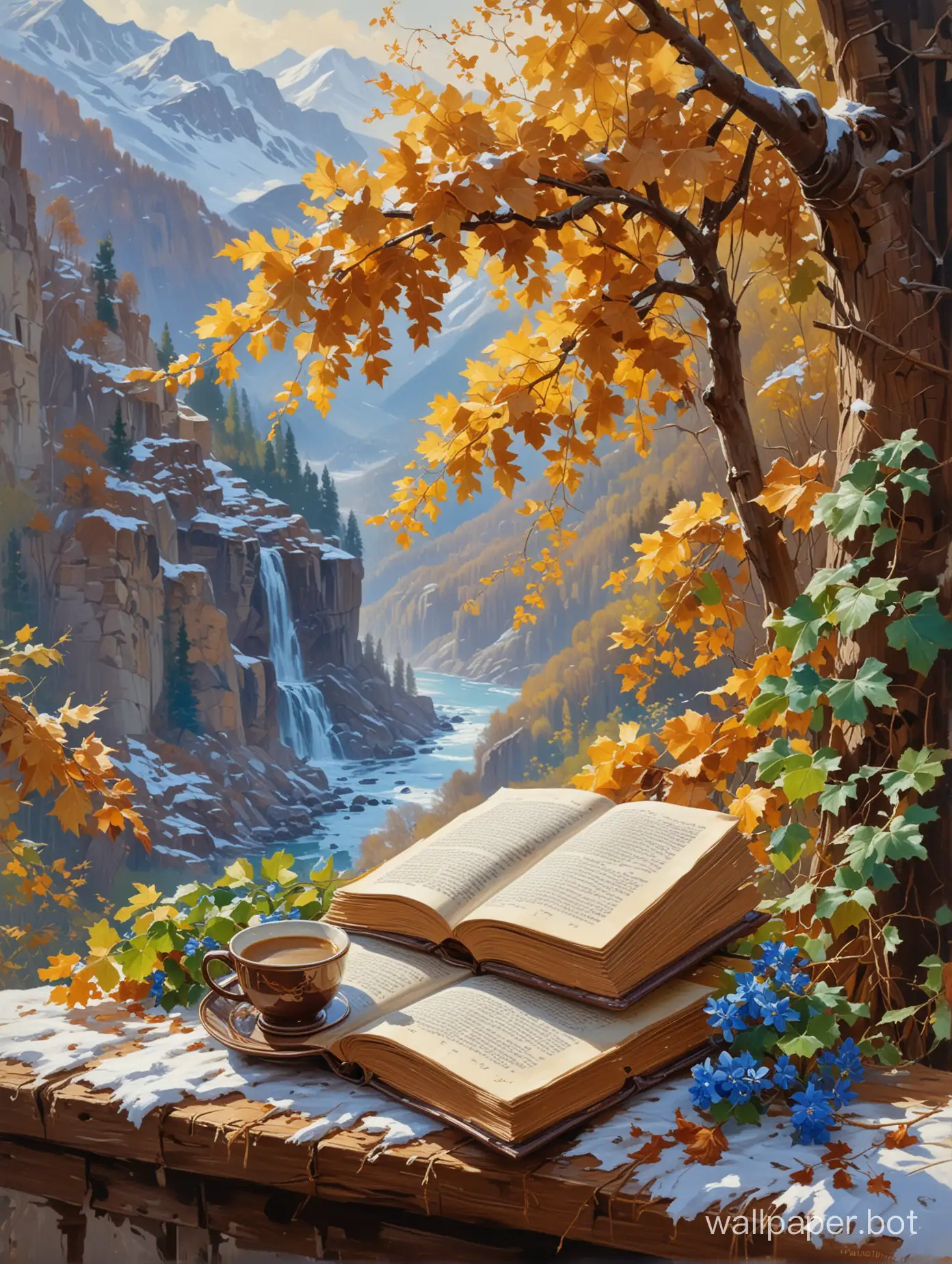 Vladimir gusev Oil painting of a closed book on a shelf covered by brown grape's leaves tree and leaves on the book next to it a brown cup of coffee, outside view of a winter mountain and waterfall with blue flowers,