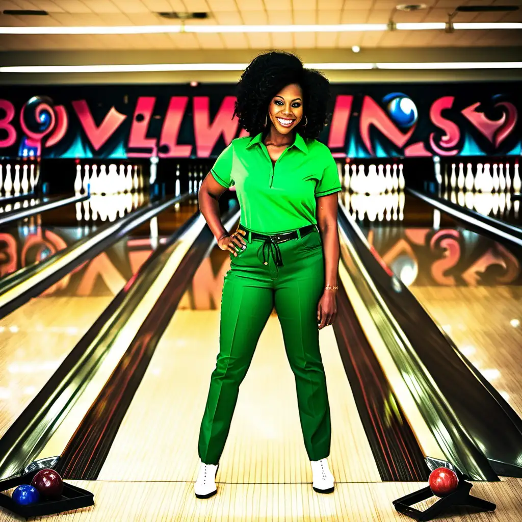 black women, green shirt, green pants, bowling
