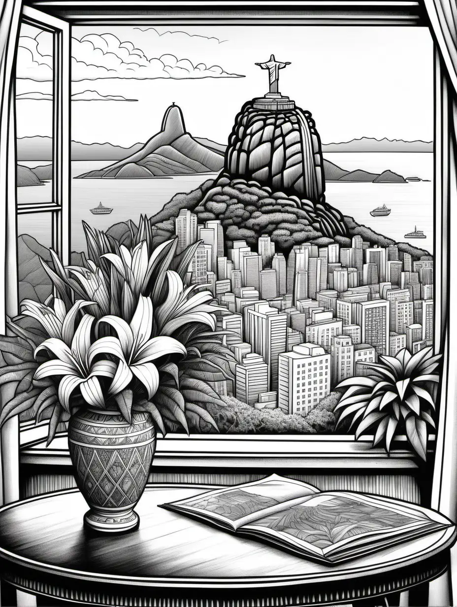 black and white, adult coloring book style drawing, highly detailed, focus on flower arrangements with native brazilian flowers in a typical brazilian vase sitting on a table in front of a corner window, window scene includes a detailed scene of Corcovado mountain, Rio de Janeiro, Brazil in the distance, and the Christ the Redeemer Statue on the mountain