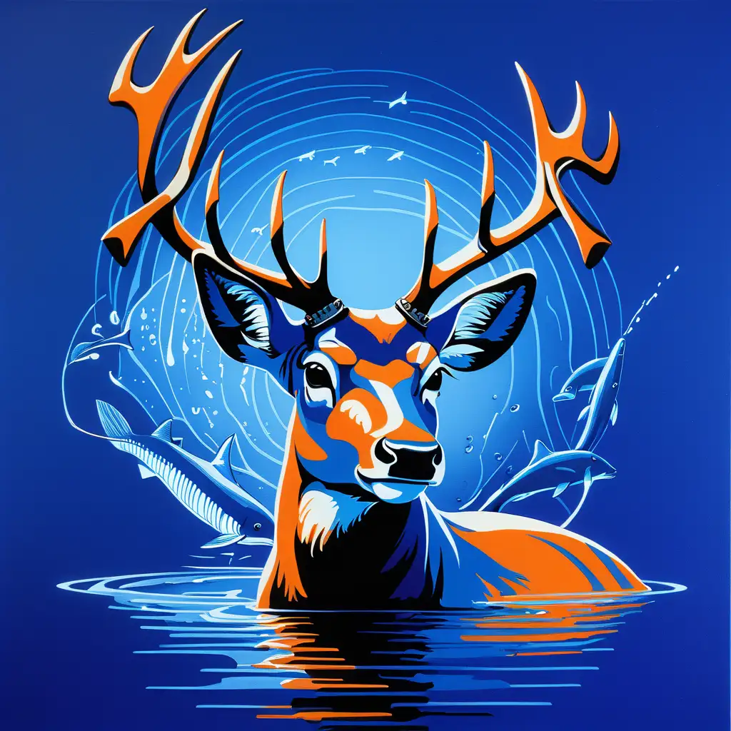 Start with a royal blue background to create a dramatic and bold setting. Place a silhouette image of a mounted deer head, shark, and bass fish at the center of the canvas. These could be abstract shapes or light streaks to create a visually striking effect.  Similarly, incorporate images of hunting gear, and fishing gear floating around the canvas. You can rotate and resize them to add variety and depth to the composition. add colors  royal blue and vibrant orange. Add words "BAG OUTDOORS"
