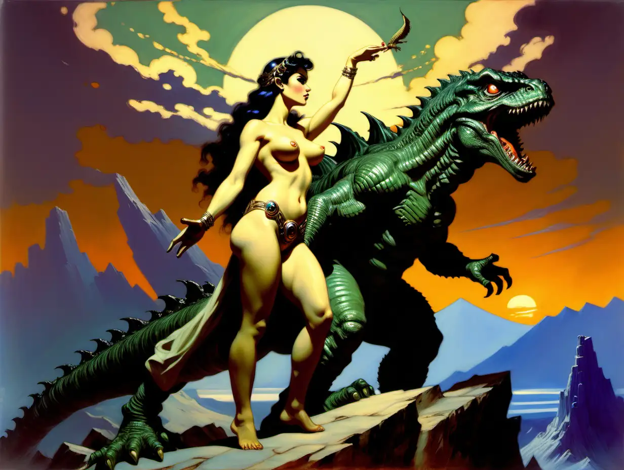 Godess holding a baby Godzilla while standing on Mt Olympus at dusk Frank Frazetta style