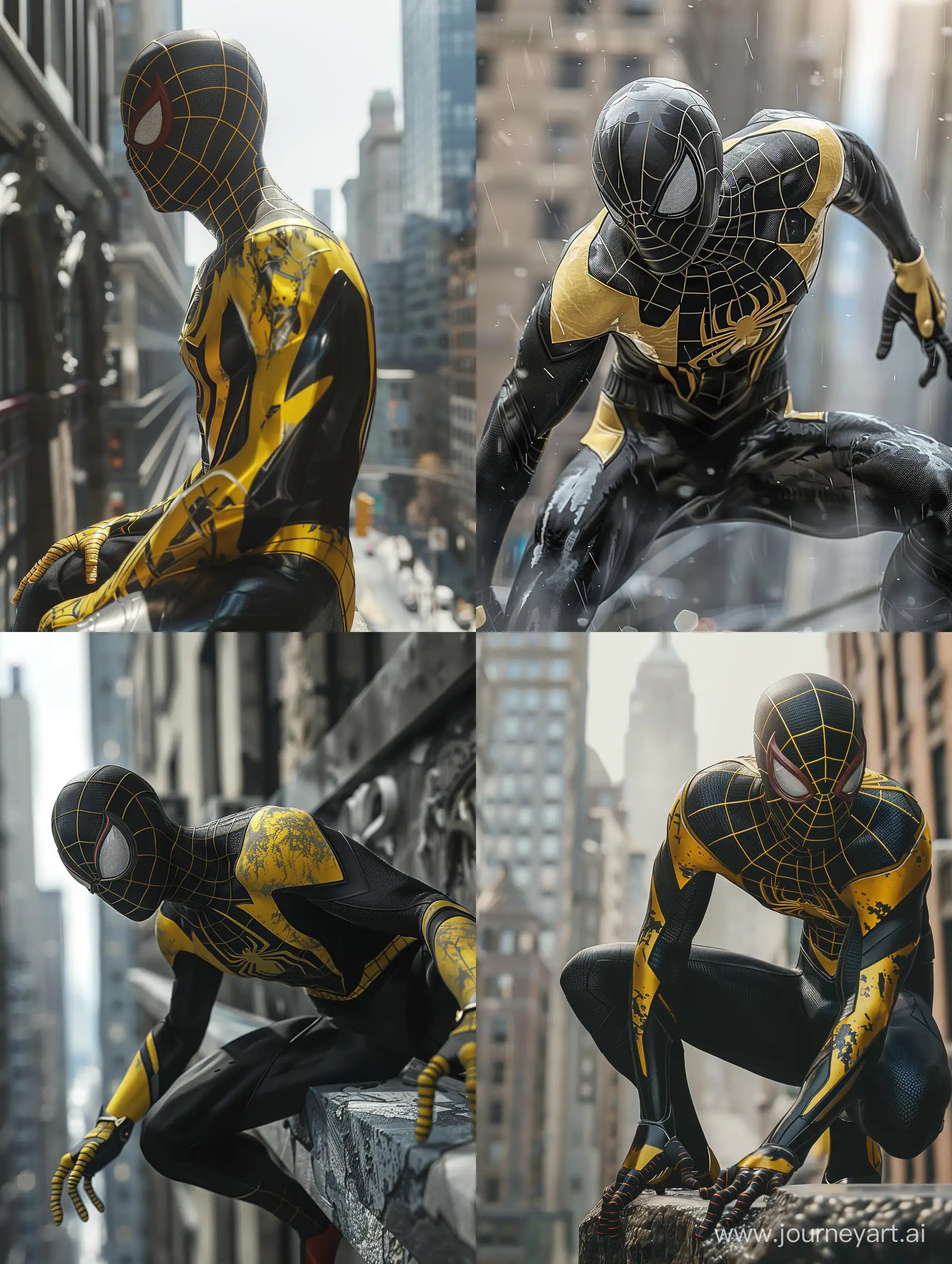 SpiderMan-Swinging-Through-Urban-Cityscape-in-UltraRealistic-Black-and-Yellow