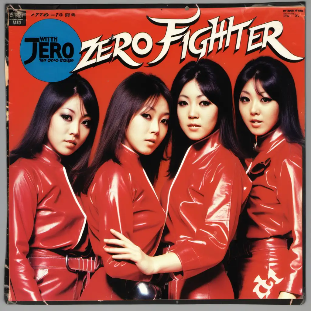 record sleeve for 1970s j-pop group, with three female singers having a play fight, title is “Zero Fighter”, includes company logo and price markings, slightly worn condition