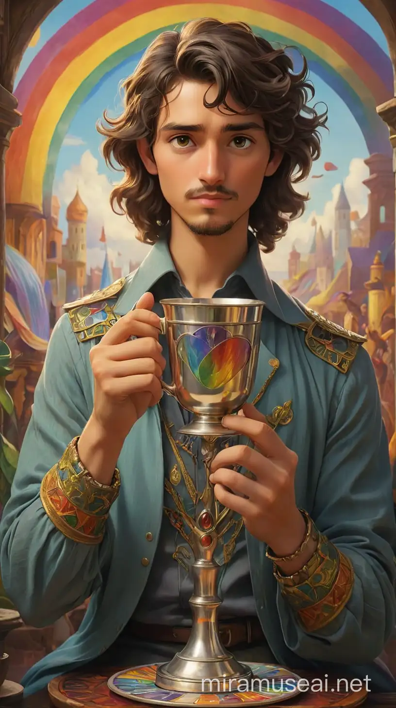 tarot card ace of cups: but make it a mans hand with 5 fingers holding the cup on his palm and make it LGTBQ themed with raindbow colors