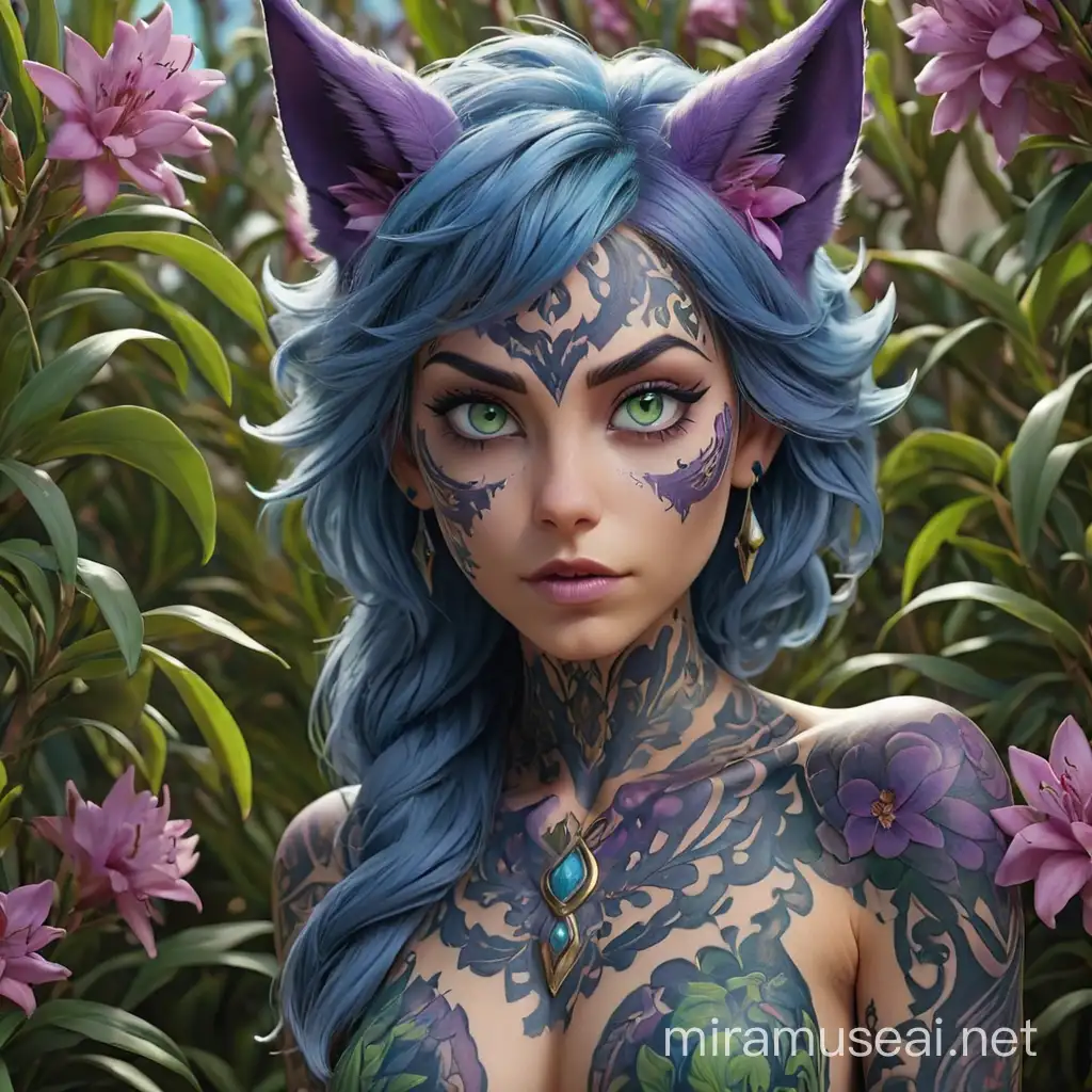 Demon woman, purple skin, acid green eyes, blue hair, blue fox ears, intricate full body tattoos, surrounded by large oleander flowers