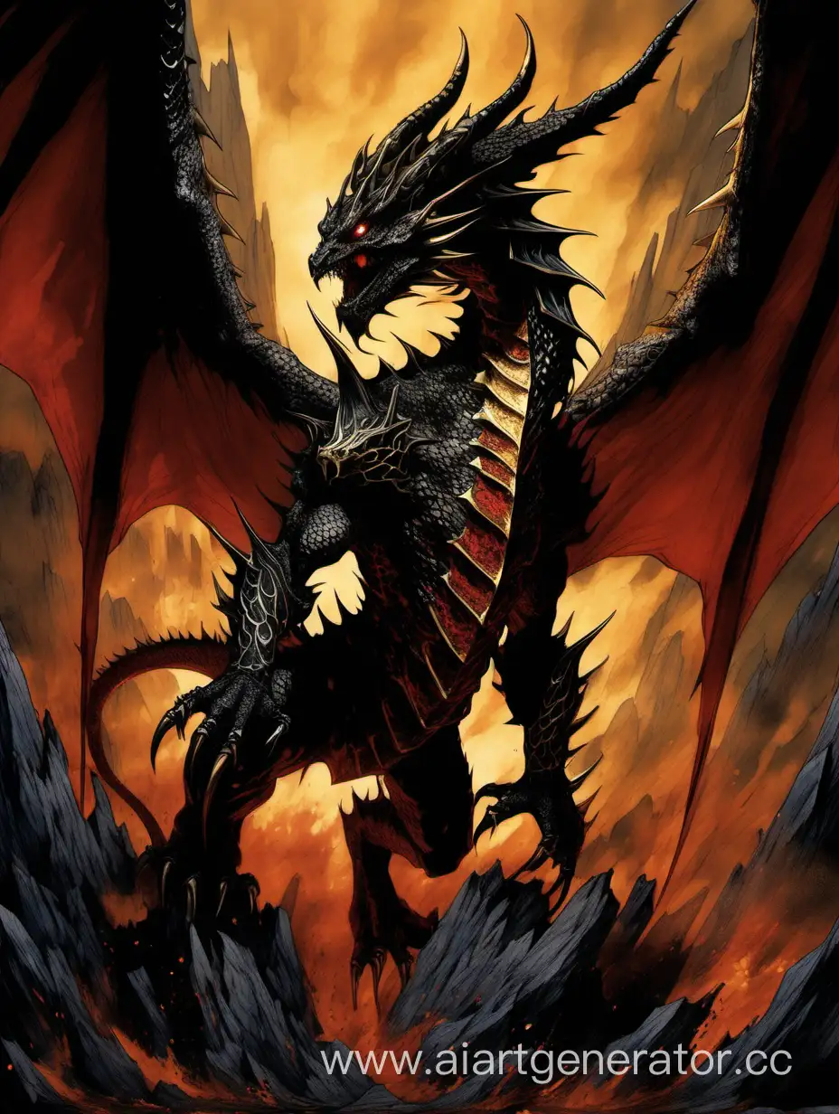 Majestic-Black-Dragon-Breathing-Fire-with-Golden-Armor