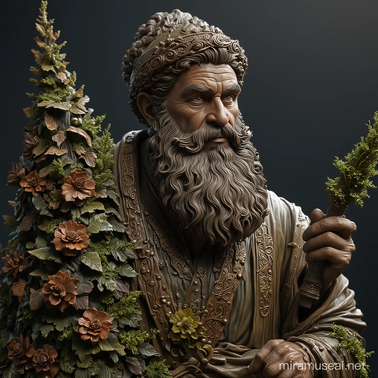 bronze painted sculpture depicting a bearded man dressed in forest cones and And moss!!!! A magic staff is visible in his hand!!!!The sculptures stand against the background of the night sky ((masterpiece)), ((best quality)).3D / photorealism/, high resolution, masterpiece:1.2), glossy intricate design, ornate and smooth, magical three-dimensional details, fantasy., beautiful ornate details, super-complex details, super-detail, detailed and complex image, front light, octane number, medium sharpness, high detail, surreal sculpture