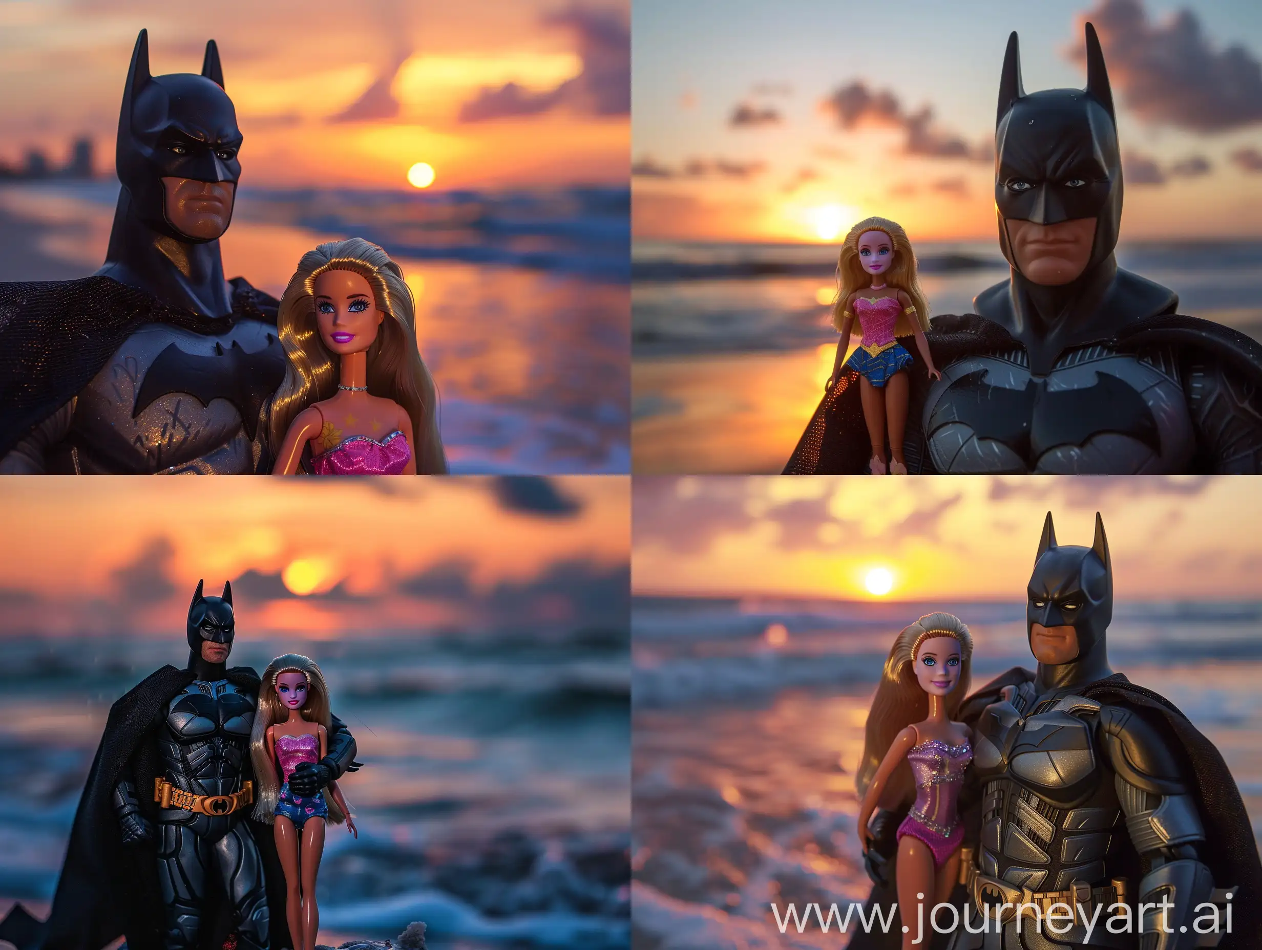 batman with barbie on the beach at sunset