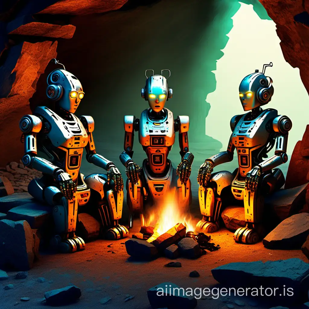 3 android robots sitting in the stone cave around the fire, cyberpunk, steampunk
