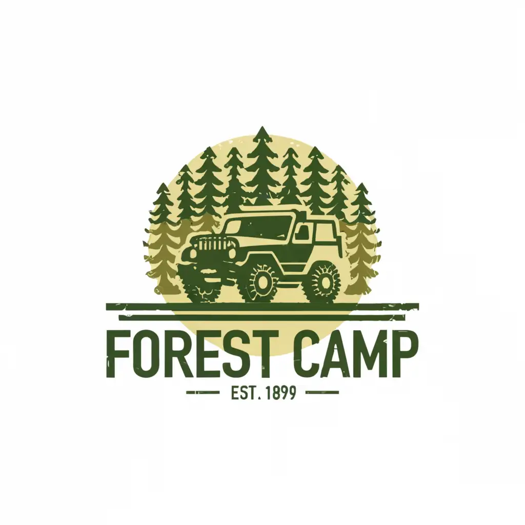 a logo design,with the text "Forest Camp", main symbol:soviet jeep forest,Moderate,clear background