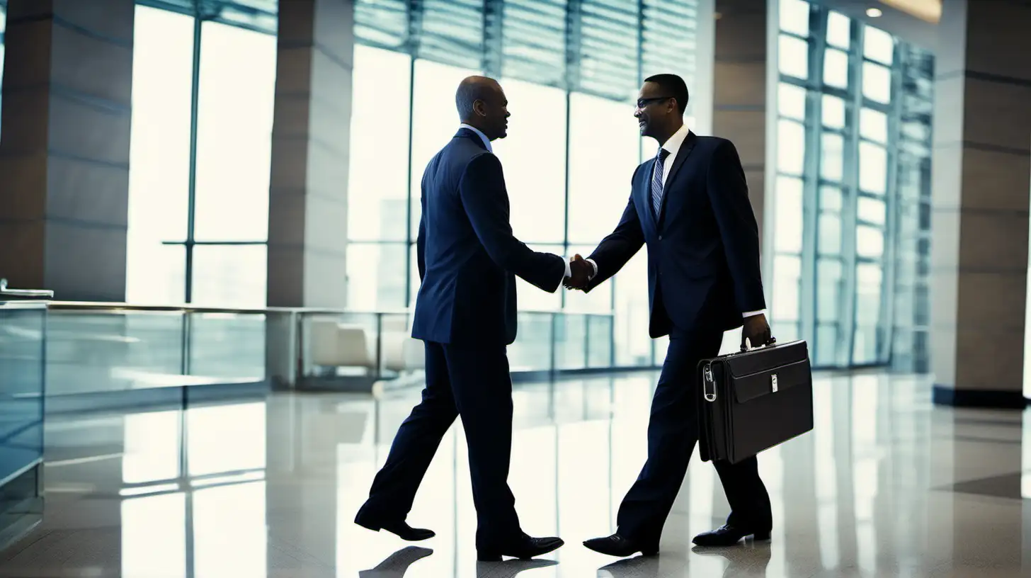 An image of two businessmen in professional attire shaking hands firmly, each holding a briefcase in their other hand, against the backdrop of a sleek office lobby.