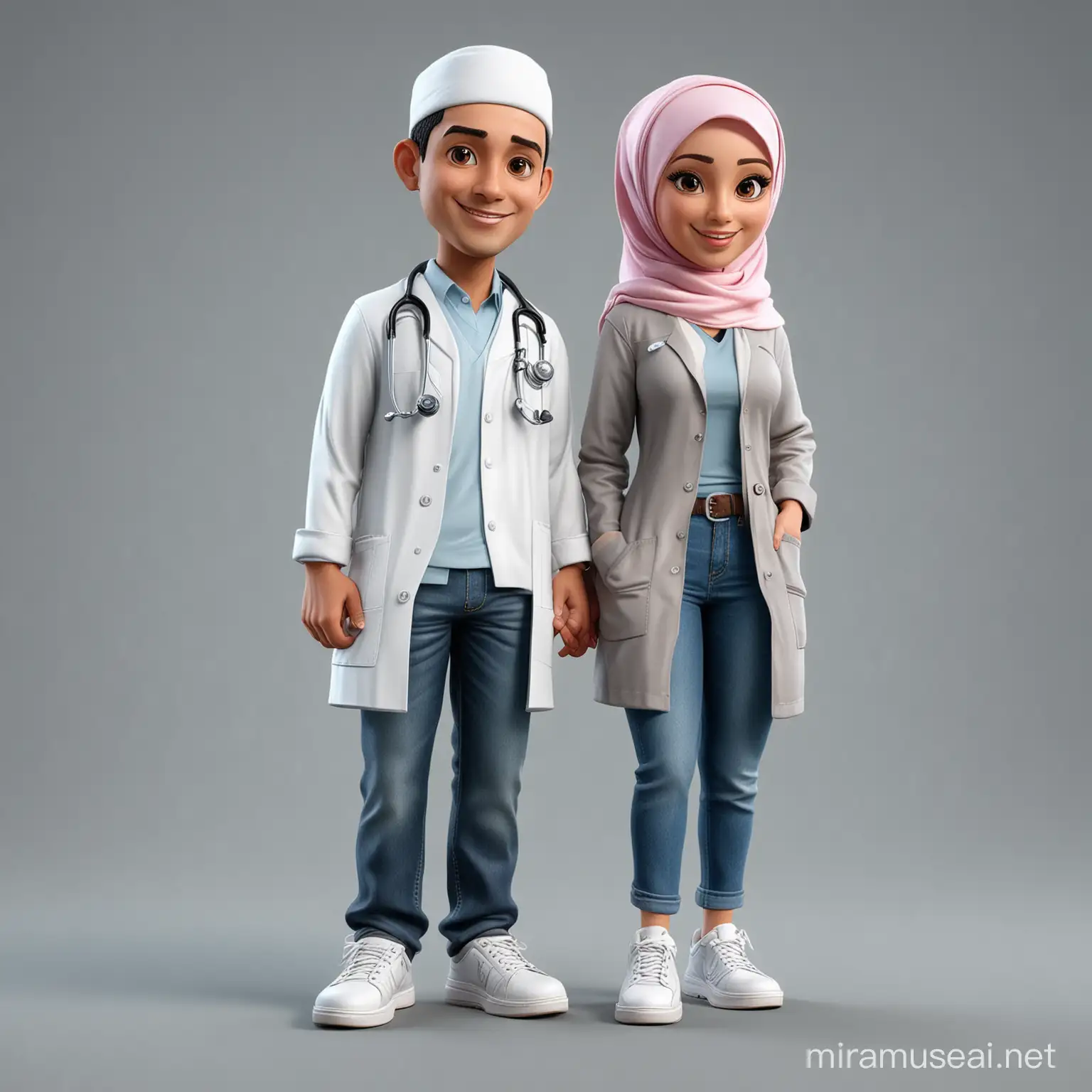 Photo realistic caricature 3d cartoon render, of a doctor couple. one beautiful Indonesian Muslim woman, slightly chubby, Wear hijab with doctor uniform complete with white sneakers and one Muslim man, wear doctor uniform, denim jeans and leather shoes.