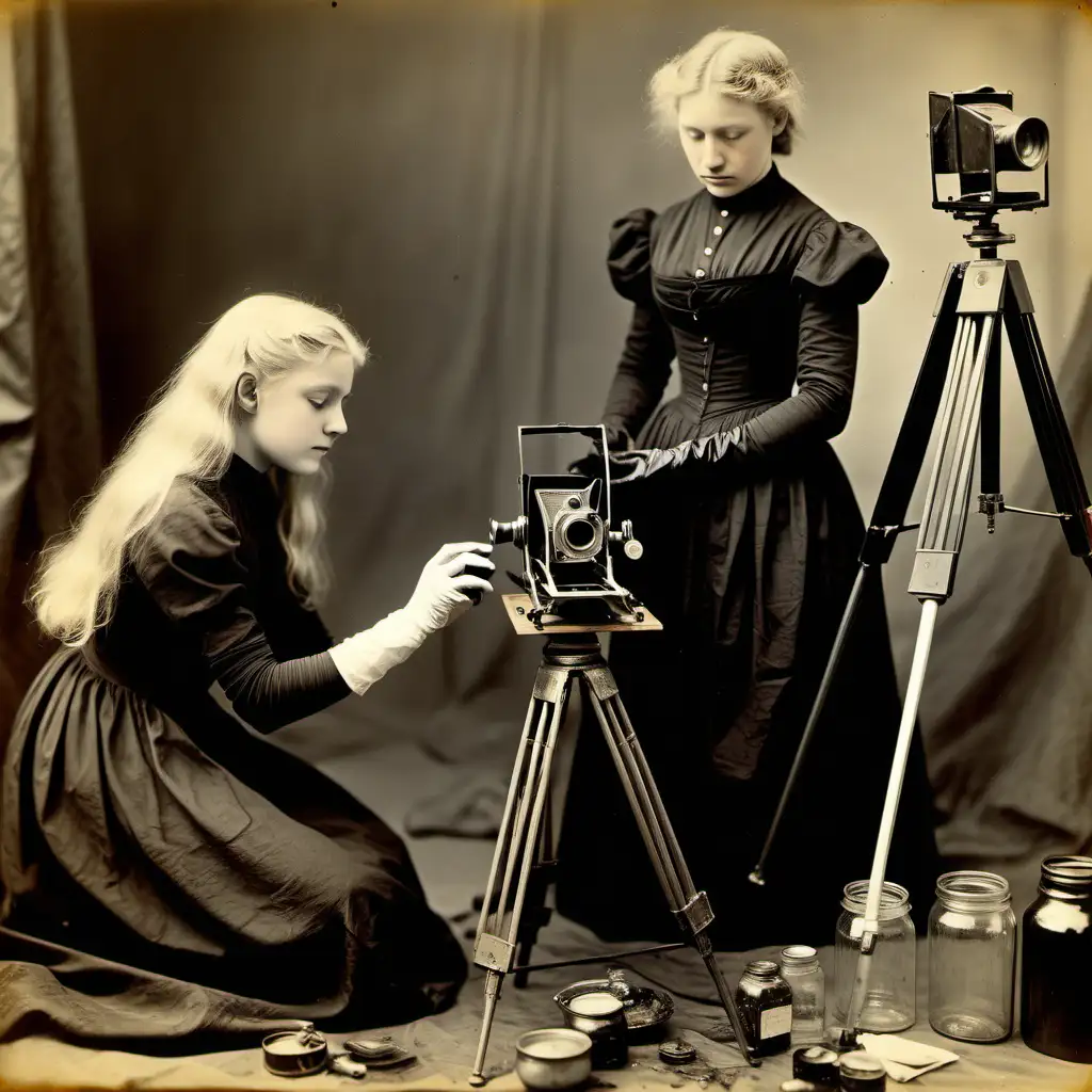 1899, 16 years old blond girl, black dress covering her arms, black gloves, taking a postmortem picture of an old man, camera and tripod, several jars with liquids