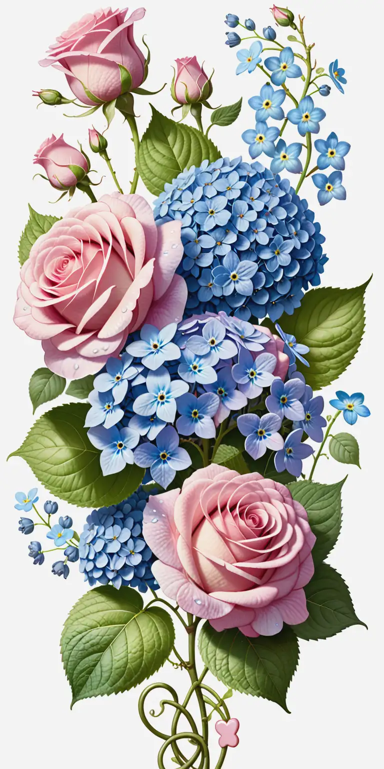 Illustration of a flower vine consisting of hydrangeas, roses and forget-me-nots with small hearts, a touch of vintage-inspired design, no shadows on a white background 
