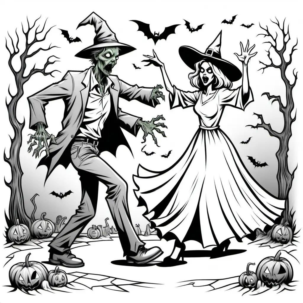 a simple black and white coloring book image of young man zombie and young woman witch doing halloween dance, for coloring