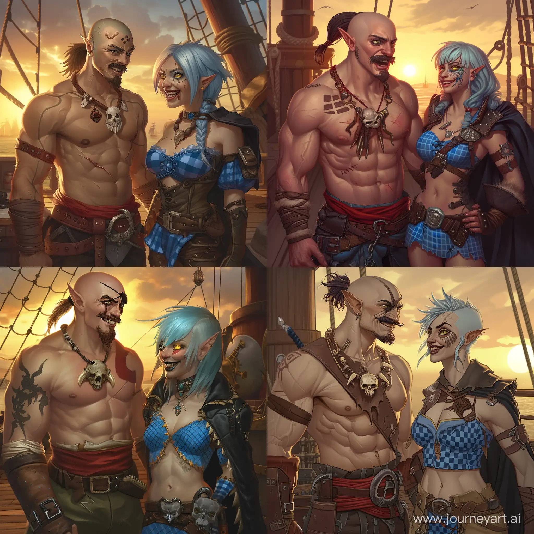 Draw a realistic art of two characters from the Dungeons and Dragons universe having a conversation. 
First is a muscular human warrior, tall and very athletic. He has a cossack forelock on his bald head and a mustache. His young face is clean shaven. His eyes are black with green iris. One eye is covered with a pirate eyepatch. His chest is bare with a large red belt on his waist . He wears a necklace made from animal teeth with a small animal skull in the centre.
Second is a 20 years old elf warlock with over the shoulder length blue hair with silver streaks and yellow eyes. She has light beige skin, and crazed happy smile on her young face.
She is dressed in a leather armor with blue checkered shirt underneath. There is a black cloak behind her back.

They are standing  on the deck of a pirate ship, with sun setting in the background