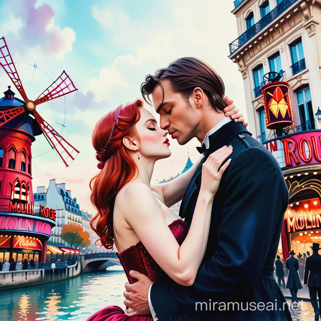 satine and christian kissing, with moulin rouge in the background, water color style 