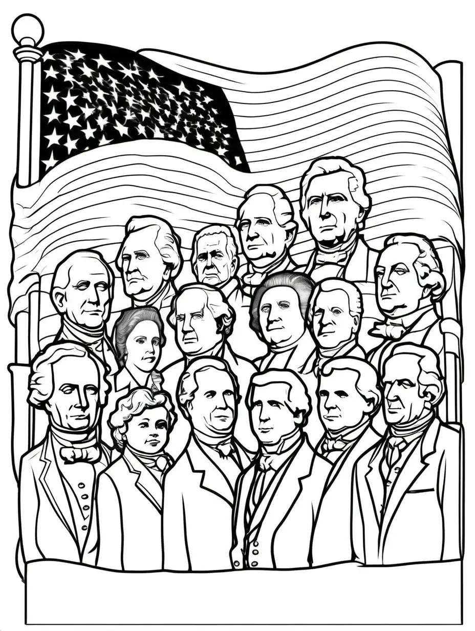 Presidents of the United States, outlined in black for kids black and white coloring page coloring page, Coloring Page, black and white, line art, white background, Simplicity, Ample White Space. The background of the coloring page is plain white to make it easy for young children to color within the lines. The outlines of all the subjects are easy to distinguish, making it simple for kids to color without too much difficulty
