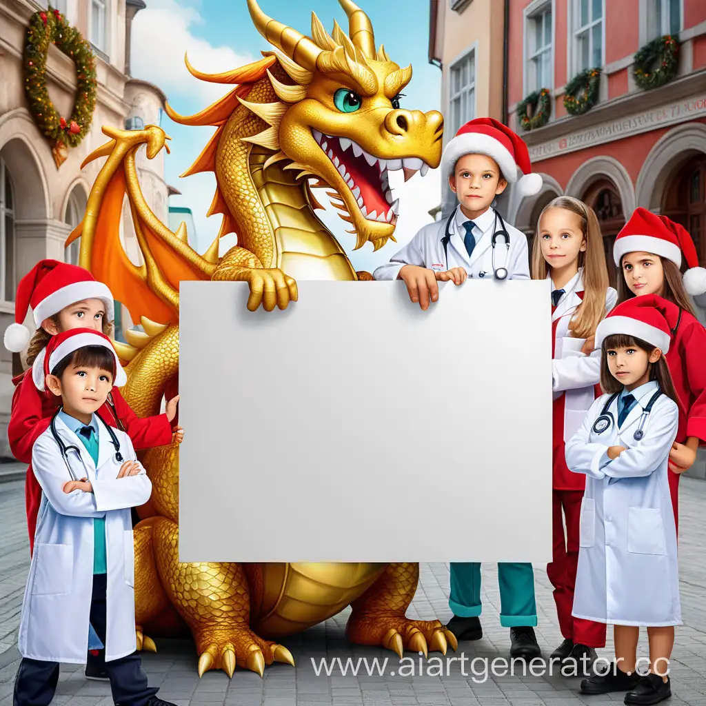 Whimsical-Golden-Dragon-in-Festive-Attire-Surrounded-by-Diverse-Professionals