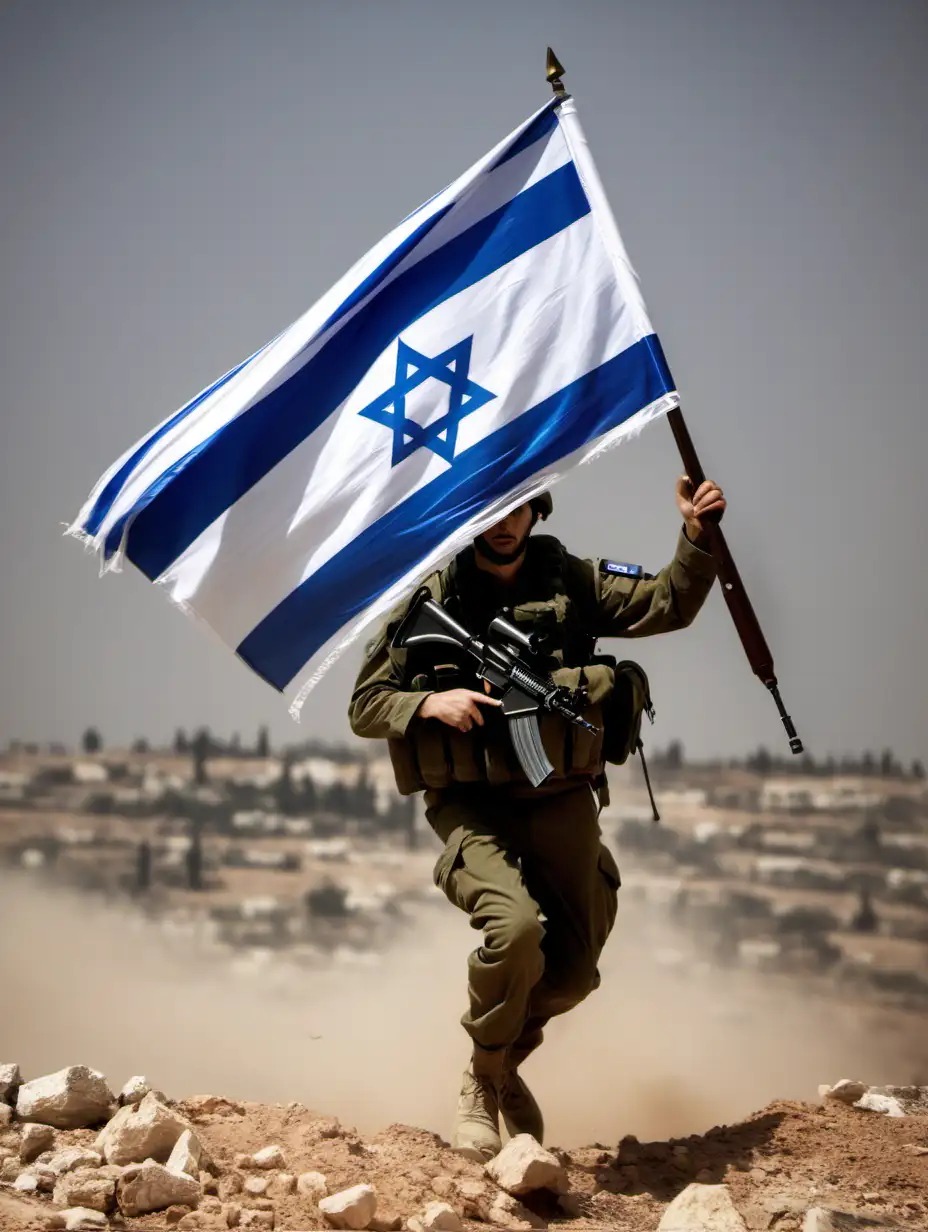 Courageous Israeli Soldier in Battle Carrying National Flag