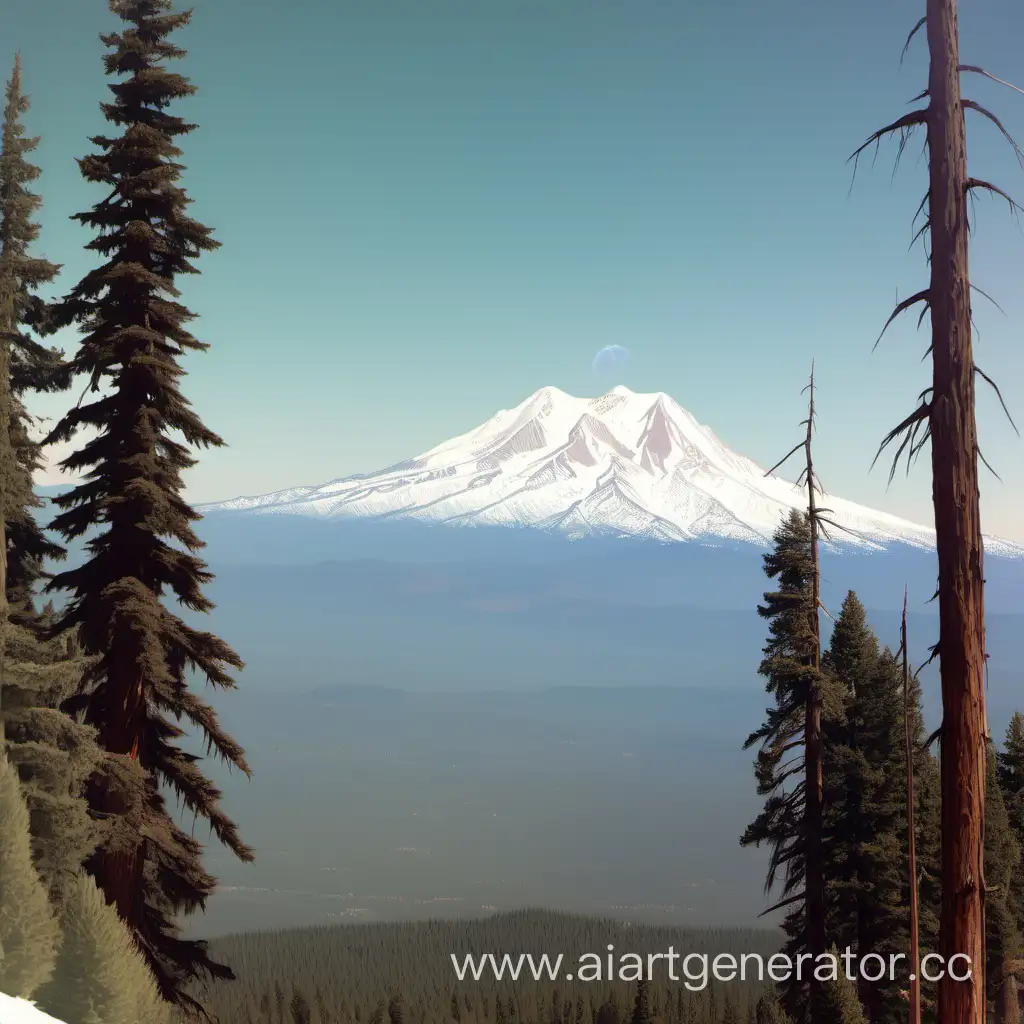 ghostly 140 foot tall indian spirit, slightly transparent, standing on top of mt shasta, with mt mazama in background,  all forest, color photo